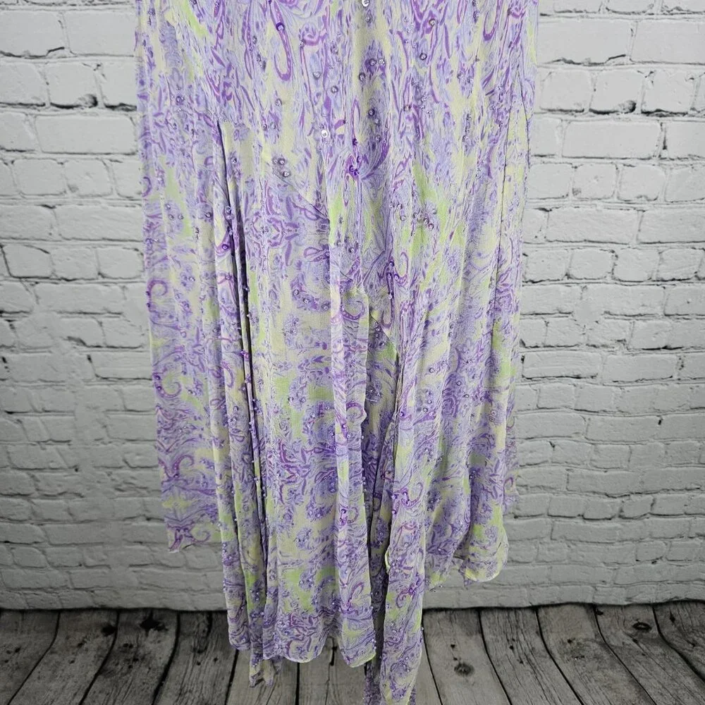 VTG I.C.E. Purple Green 100% Silk Chiffon Floral Beaded Flowy Maxi Long Skirt M - Picture 6 of 13